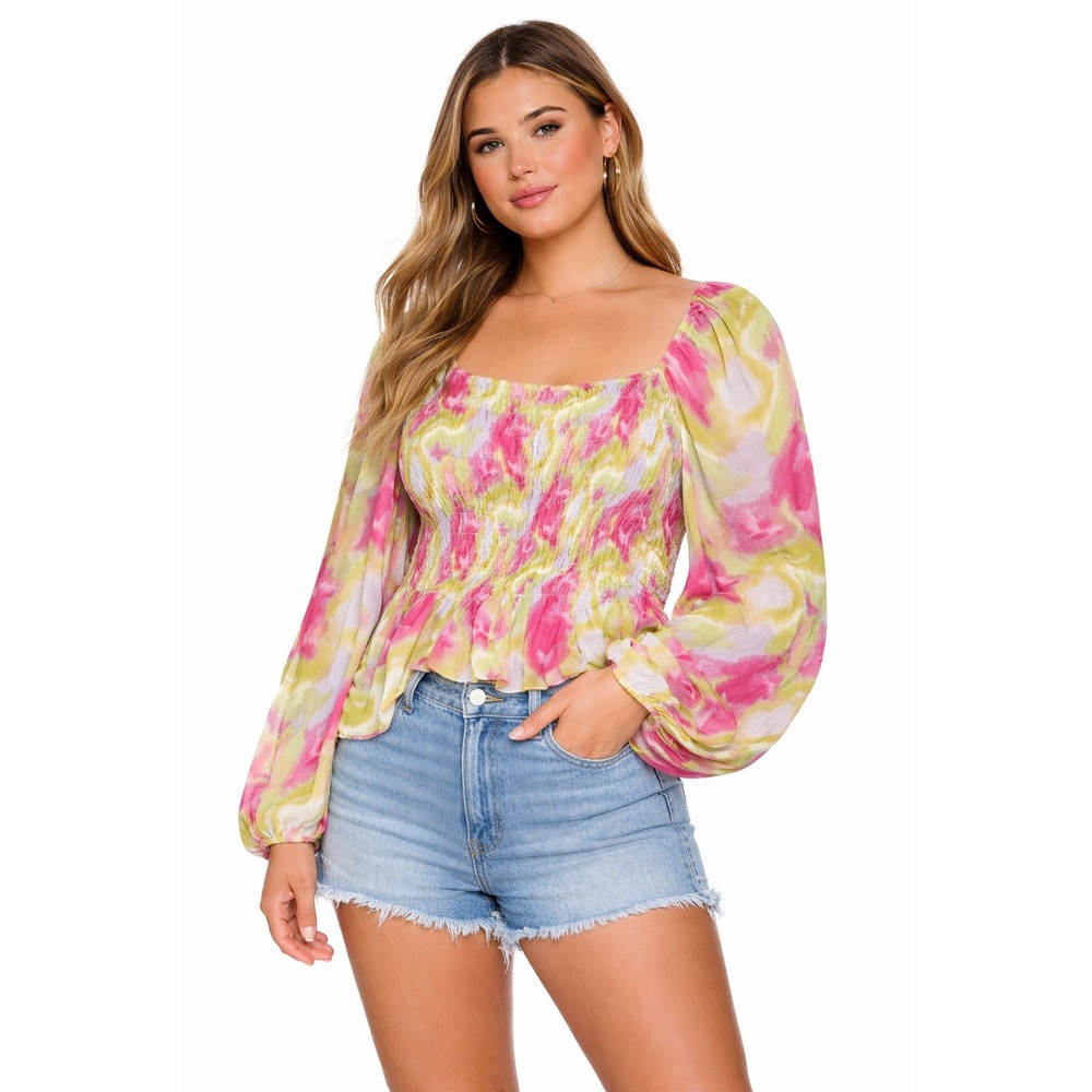NWOT The Drop Women Smocked Boho Western‎ Gauze Blouse Pink Multi XL Square Neck